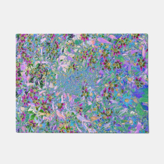 レトロ紫、緑、青の花ピンク ドアマット (正面)