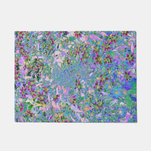 レトロ紫、緑、青の花ピンク ドアマット (正面)