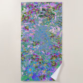 レトロ紫、緑、青の花ピンク ビーチタオル (正面)