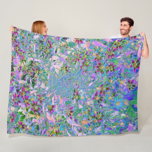 レトロ紫、緑、青の花ピンク フリースブランケット (インサイチュ)