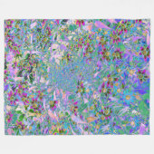 レトロ紫、緑、青の花ピンク フリースブランケット (正面(横))