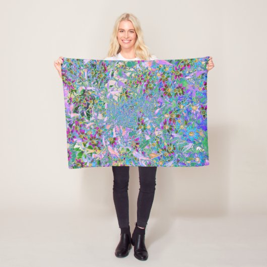 レトロ紫、緑、青の花ピンク フリースブランケット (インサイチュ)