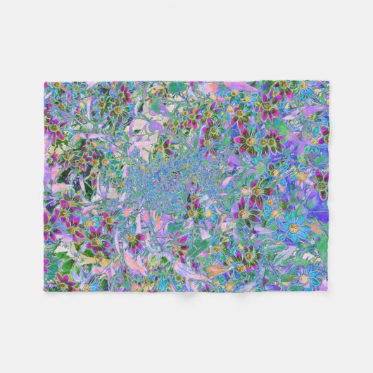 レトロ紫、緑、青の花ピンク フリースブランケット (正面(横))