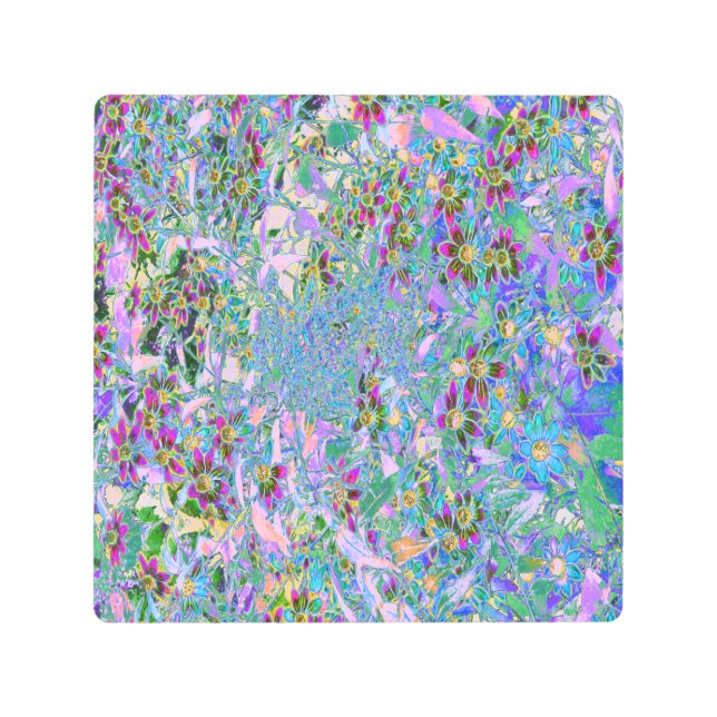 レトロ紫、緑、青の花ピンク メタルプリント (正面)