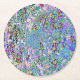 レトロ紫、緑、青の花ピンク ラウンドペーパーコースター