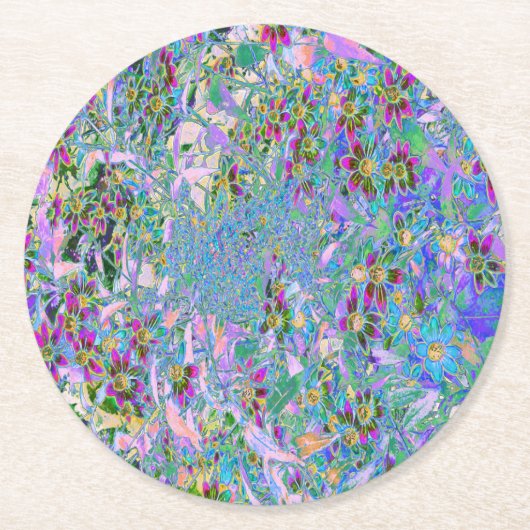 レトロ紫、緑、青の花ピンク ラウンドペーパーコースター (正面)