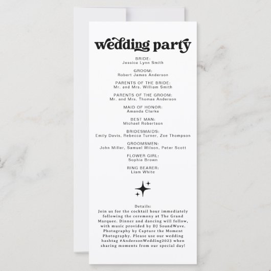 レトロ結婚の式典プログラムのイベント順序 (裏面)