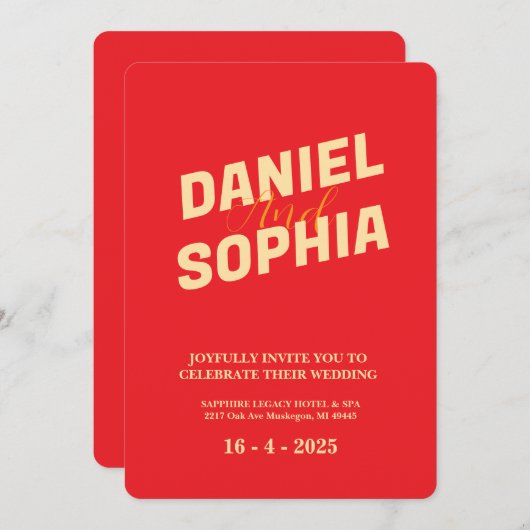 レトロ結婚式招待状カードレッド 招待状 (正面/裏面)