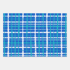 レトロ絵を描の格子模様（青と白） ラッピングペーパーシート