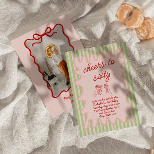 レトロ絵を描60thピックレッドストライプ誕生日 招待状