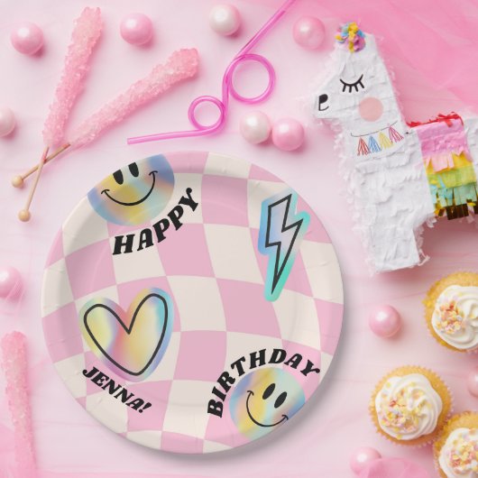 レトロ絵文字スマイル誕生日for girls ペーパープレート (パーティー)
