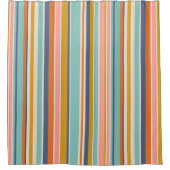 レトロ縦オレンジブルーとイエローピンクストライプ色 シャワーカーテン (正面)