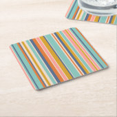 レトロ縦オレンジブルーとイエローピンクストライプ色 スクエアペーパーコースター (アングル)
