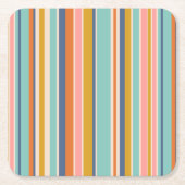 レトロ縦オレンジブルーとイエローピンクストライプ色 スクエアペーパーコースター (正面)