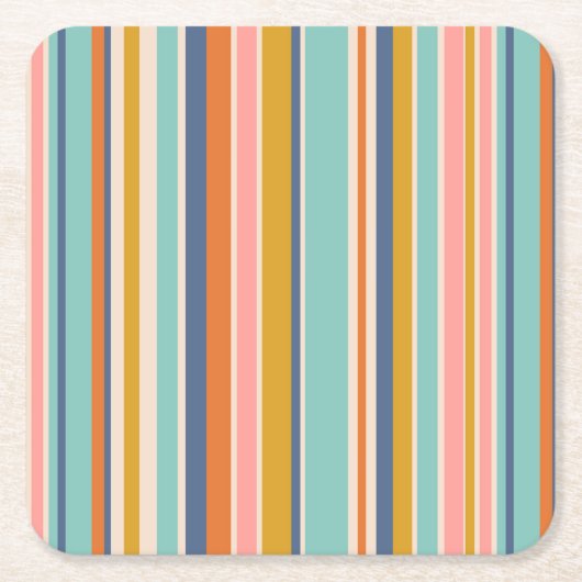 レトロ縦オレンジブルーとイエローピンクストライプ色 スクエアペーパーコースター (正面)