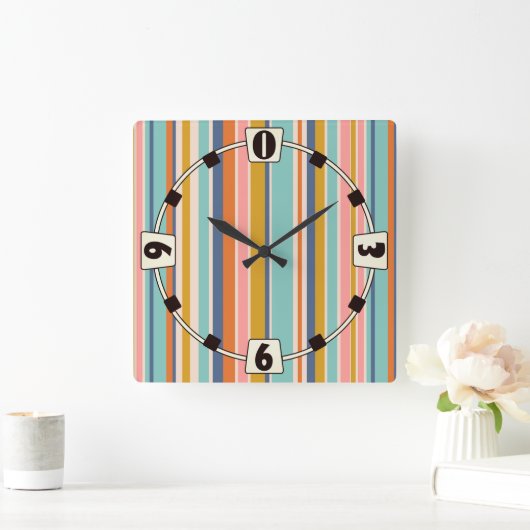 レトロ縦オレンジブルーとイエローピンクストライプ色 スクエア壁時計 (ホーム)