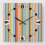 レトロ縦オレンジブルーとイエローピンクストライプ色 スクエア壁時計 (正面)