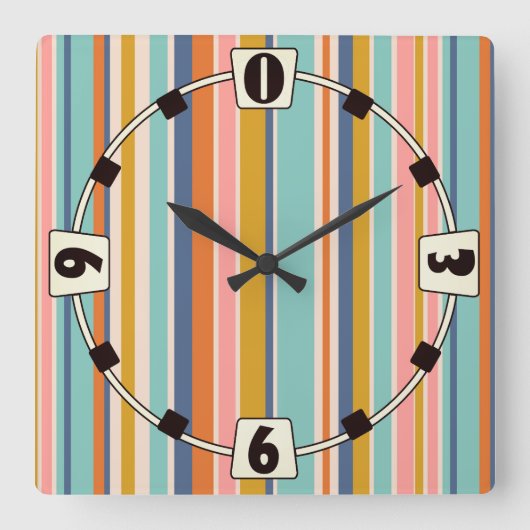 レトロ縦オレンジブルーとイエローピンクストライプ色 スクエア壁時計 (正面)