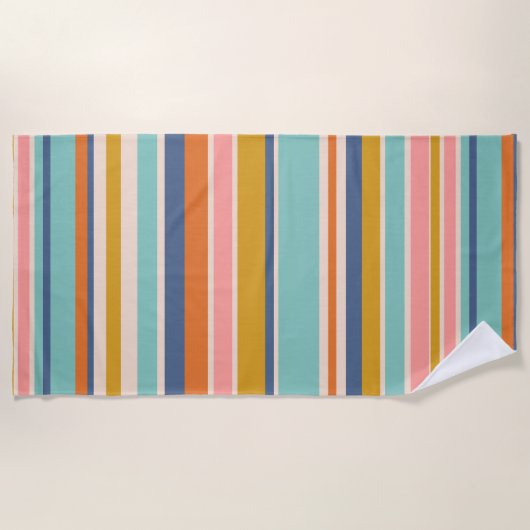レトロ縦オレンジブルーとイエローピンクストライプ色 ビーチタオル (正面)
