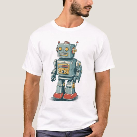 レトロ缶ロボット - 赤いブーツの1950年代風アニメメカ Tシャツ (正面)