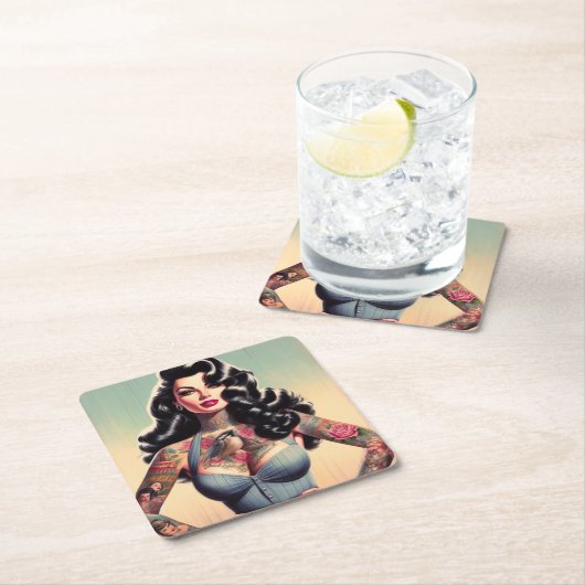 レトロ美しい入れ墨ピンアップ スクエアペーパーコースター (インサイチュ)