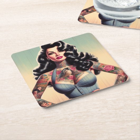 レトロ美しい入れ墨ピンアップ スクエアペーパーコースター (アングル)