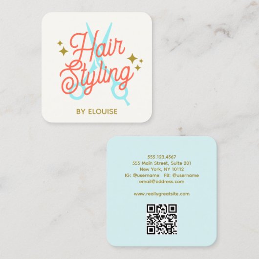 レトロ美容師、はさみQRコード スクエア名刺 (正面/裏面)