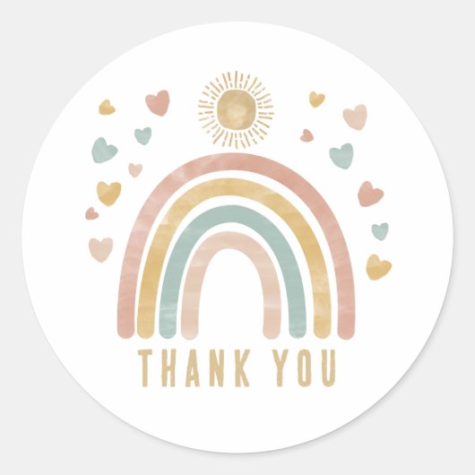 レトロ自然カラー水彩虹と太陽 ラウンドシール (正面)