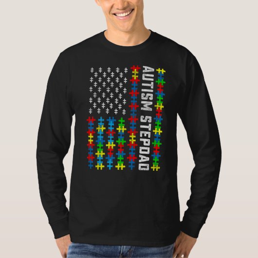 レトロ自閉症啓発USA国旗Stepdad Support Au Tシャツ (正面)