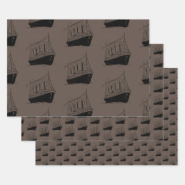 レトロ航海のブラウンと黒船帆船 ラッピングペーパーシート