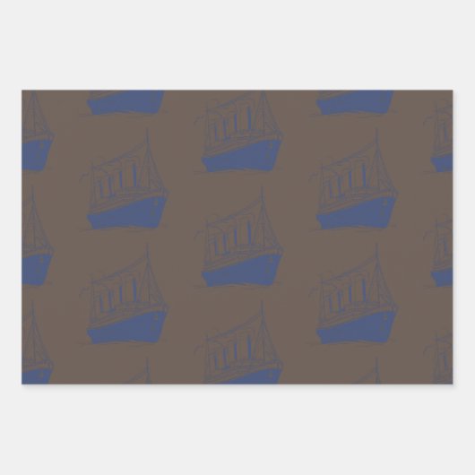 レトロ航海のブラウンネイビーブルーシップ帆船 ラッピングペーパーシート (正面)