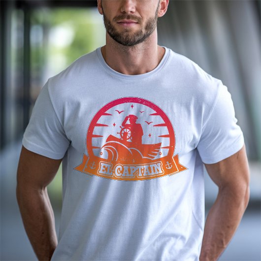 レトロ船長と船と帆船のデザイン Tシャツ
