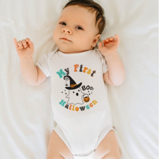 レトロ色かわいいブー幽霊マイファーストハロウィーン ベビーボディスーツ