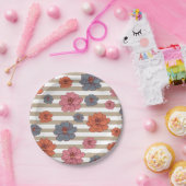 レトロ色花柄 ペーパープレート (パーティー)