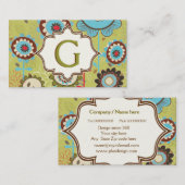 レトロ花ターコイズ青褐色の花柄 名刺 (正面/裏面)