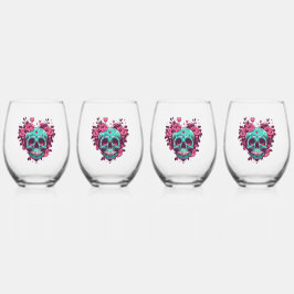 レトロ花ハートロカビリースカル ステムなしワイングラス