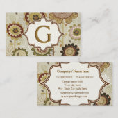 レトロ花ベージュ茶色の花の模様モノグラム 名刺 (正面/裏面)