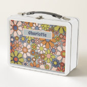 レトロ花ヴィンテージ60代70代パーソナライズされたフローラ メタルランチボックス (正面)