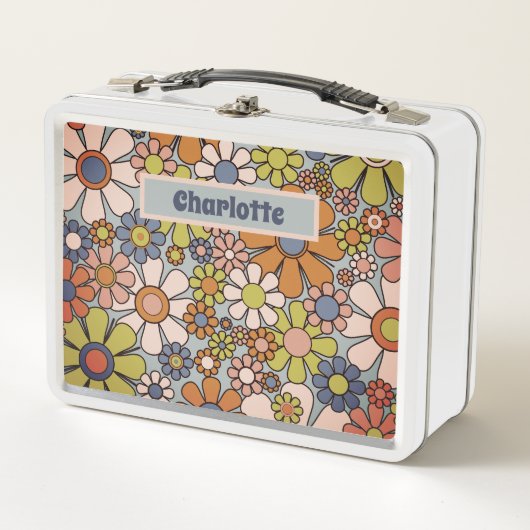 レトロ花ヴィンテージ60代70代パーソナライズされたフローラ メタルランチボックス (正面)