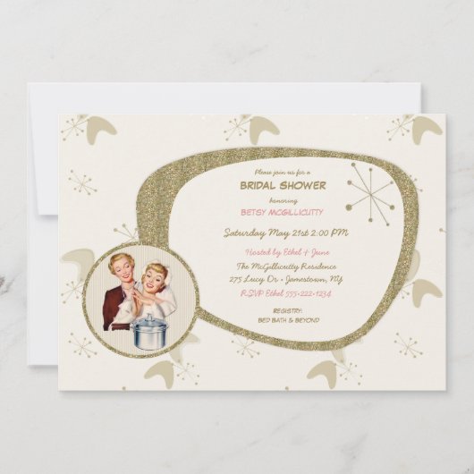 レトロ花嫁50年代 ミッドセンチュリー モダン ゴールド グリッター 招待状 (正面)