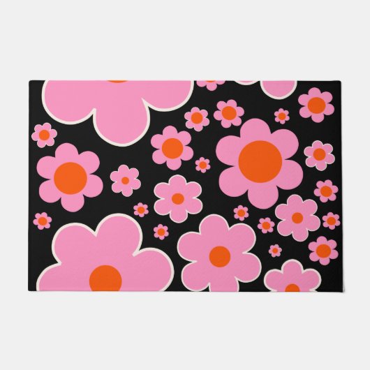 レトロ花柄ブラックピンクとオレンジ ドアマット (正面)