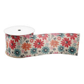 レトロ花柄レッドオレンジブルー サテンリボン (リール)