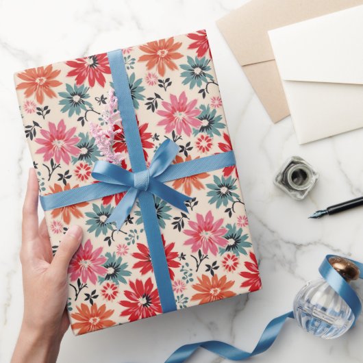 レトロ花柄レッドオレンジブルー ラッピングペーパー (ギフト)