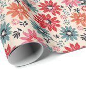 レトロ花柄レッドオレンジブルー ラッピングペーパー (ロールコーナー)