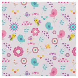 レトロ花鳥とミツバチがピンク色に ファブリック