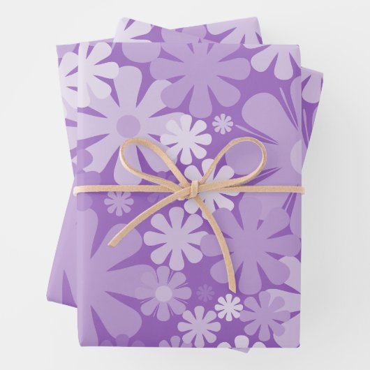 レトロ花60s 70s花柄パープル ラッピングペーパーシート (インサイチュ)