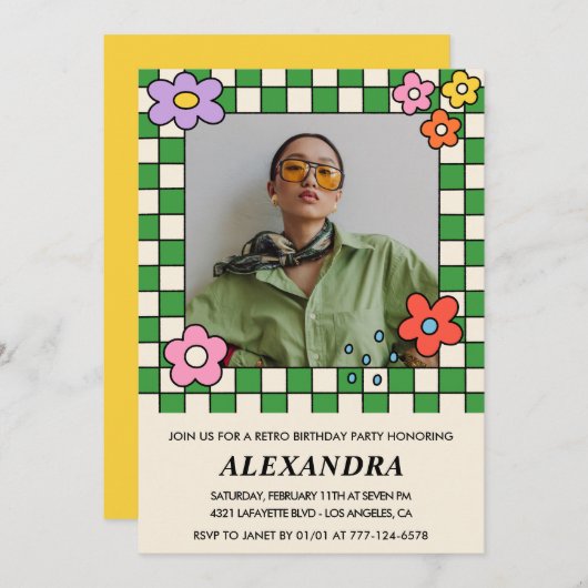 レトロ花Groovy写真36歳 招待状 (正面/裏面)