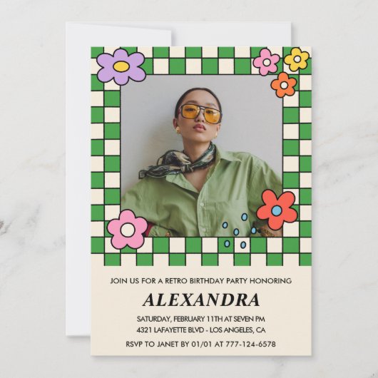 レトロ花Groovy写真39歳 招待状 (正面)
