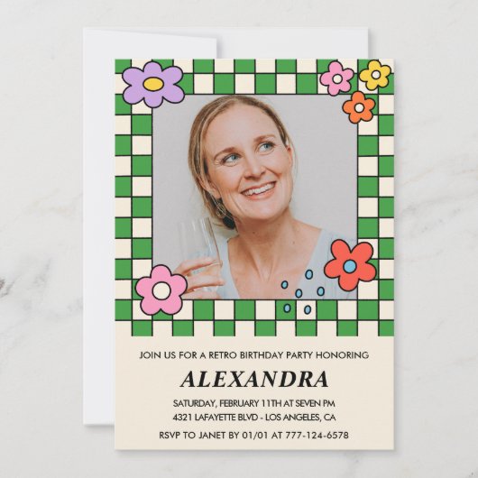 レトロ花Groovy写真54歳 招待状 (正面)