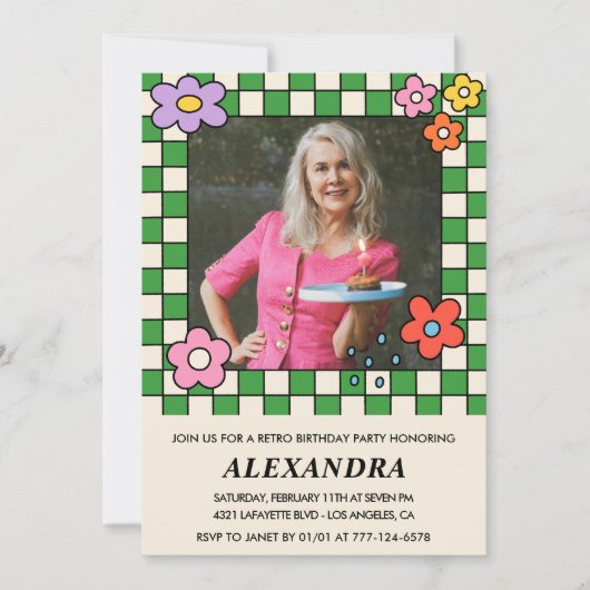 レトロ花Groovy写真73歳 招待状 (正面)
